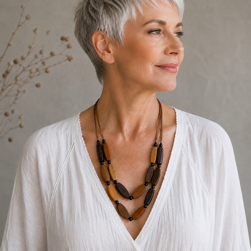 Chico's Wood & Leather Beaded Necklace OS